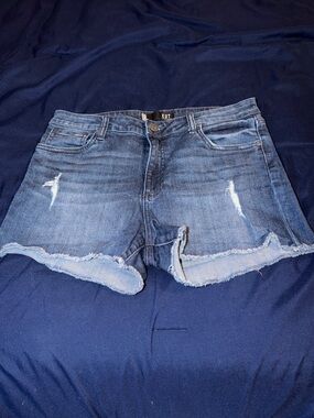 Kut from the Kloth GIGI high rise Blue Distressed Frayed Hem Denim Shorts